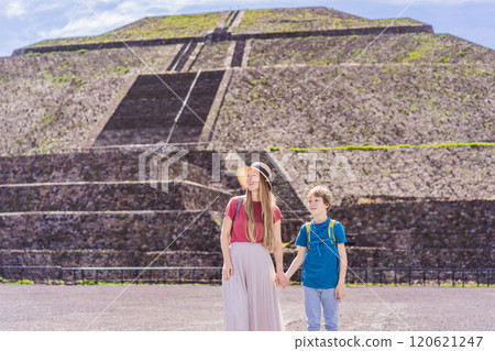 Mother and son tourists exploring Teotihuacan, Mexico. Cultural heritage, ancient ruins, and archaeological adventure concept 120621247