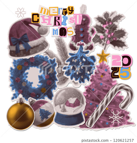Christmas Set of torn out holiday elements. Trendy paper decor with halftone effect for a greeting card, collage, cover design. Vector illustration Christmas Set of torn out holiday elements. Trendy paper decor with halftone effect for a greeting card, collage, cover design. Vector illustration 120621257