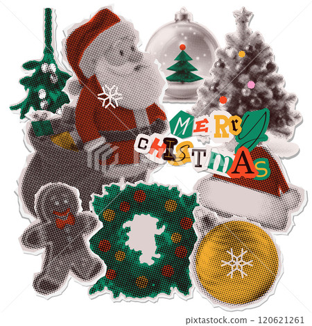 Christmas paper stickers set in a trendy halftone style for collages, including Christmas tree, gingerbread man, Santa hat and fir wreath. Vector illustration. Christmas paper stickers set in a trendy halftone style for collages, including Christmas tree, gingerbread man, Santa hat and fir wreath. Vector illustration. 120621261