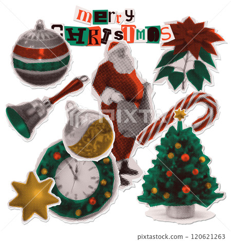 Traditional Christmas themed halftone stickers set with a retro feel, featuring Santa, Christmas tree, candy cane, poinsettia and balls. Vector illustration for social media, cards or festive decor. Traditional Christmas themed halftone stickers set with a retro feel, featuring Santa, Christmas tree, candy cane, poinsettia and balls. Vector illustration for social media, cards or festive decor. 120621263