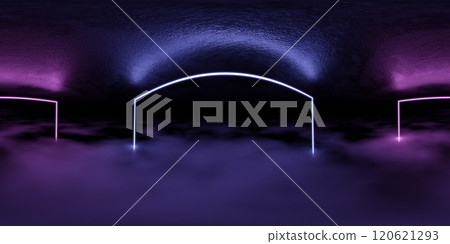 360 degree panorama of Ethereal Neon Arches in a Misty Environment 360 degree panorama of Ethereal Neon Arches in a Misty Environment 120621293