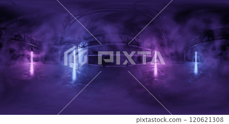 360 degree panorama of Futuristic Neon-lit Space with Fog 360 degree panorama of Futuristic Neon-lit Space with Fog 120621308