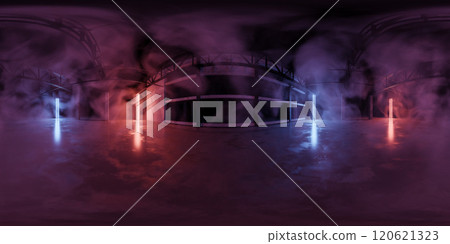 360 degree panorama of Foggy Industrial Space with Colorful Lights 120621323