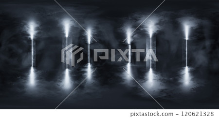 360 degree Panorama of Illuminated Pillars in a Dark Atmosphere 360 degree Panorama of Illuminated Pillars in a Dark Atmosphere 120621328