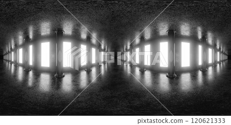 360 degree Panorama of Futuristic Monochrome Interior with Bright Lights 120621333