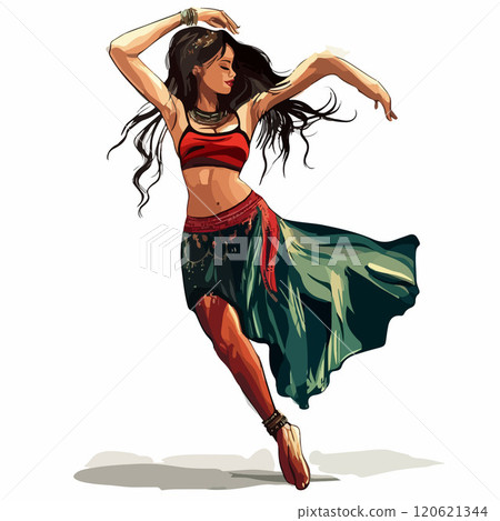 Elegant Woman Dancing in Traditional Colorful Attire Illustration 120621344