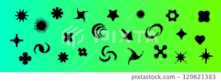Black pixel icons with Y2K retro elements for digital graphics. Black pixel icons with Y2K retro elements for digital graphics. 120621383