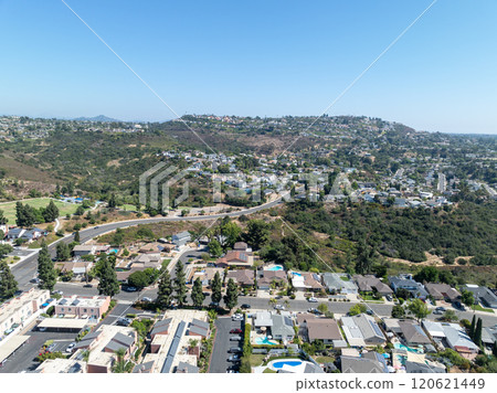 Aerial view of residential subdivision house neighborhood in Mission Mesa. South California, USA Aerial view of residential subdivision house neighborhood in Mission Mesa. South California, USA 120621449