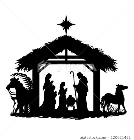 Holy Night silhouette - Nativity scene of baby Jesus silhouette in a manger with Mary and Joseph with the three wise men. Christian Christmas silhouette of animals. Illustration for children. 120621451