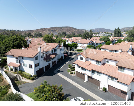 Aerial view of residential subdivision house neighborhood in Mission Mesa. South California, USA 120621463