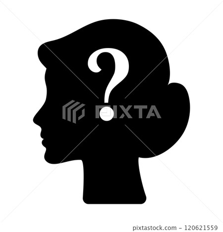 Icon of a woman's head with a question mark. Finding solutions to problems. Psychology. Business. Brainstorming. 120621559