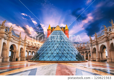 Fantastic beautiful castle on square at sunrise in Ba Na Hills Park in Da Nang in Vietnam in Asia 120621563