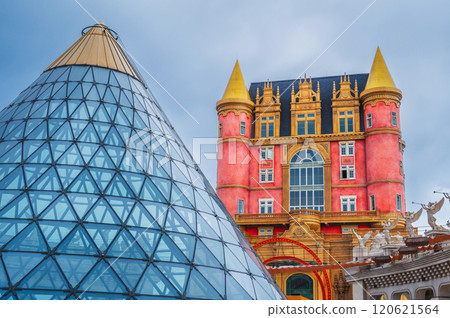 Modern red stone castle on square in Ba Na Hills Park in Da Nang in Vietnam in Asia 120621564
