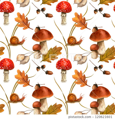 Forest mushrooms with snail, acorns, leaves. Autumn seasonal seamless watercolor pattern. Ideal on fall wallpaper, wrapping, cards, fabric, background 120621601