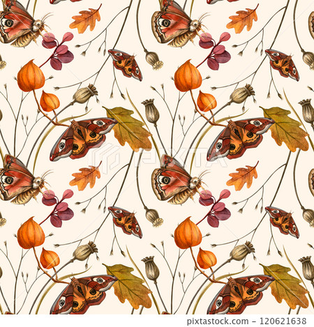 Butterflies, oak leaves, poppy bulbs, physalis pattern. Autumn romantic seamless print with beige background. For fabric, seasonal decor, wrapping Butterflies, oak leaves, poppy bulbs, physalis pattern. Autumn romantic seamless print with beige background. For fabric, seasonal decor, wrapping 120621638