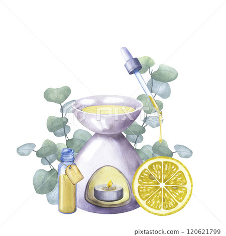 Ceramic aroma lamp with lemon essential oil and lit candle. Pipette bottle, citrus slice, eucalyptus branches. Spa Retreat, massage, meditation. Hand drawn watercolor illustration isolated background 120621799