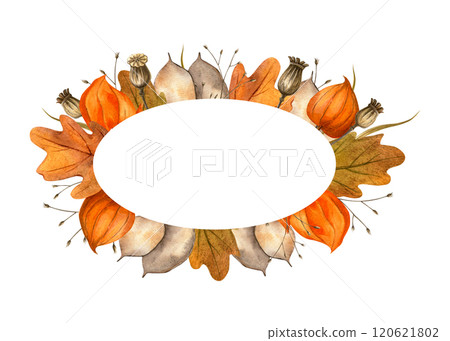 Oak leaves, physalis, poppy bulbs, lunaria autumn oval frame. Seasonal bright watercolor isolated composition on white background. Invitation, postcard, card, sign, banner. Thanksgiving, fall event 120621802