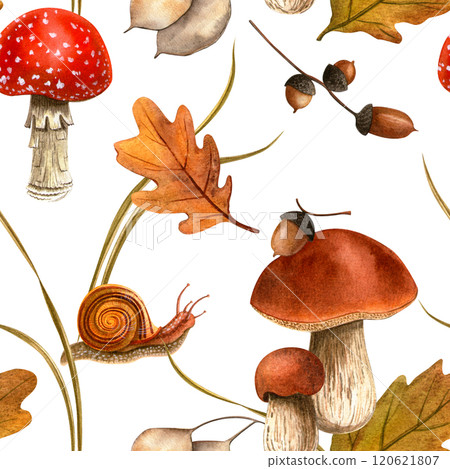 Autumn snail, mushrooms, acorns, leaves texture. Fall watercolor seamless pattern with white background for season events, wallpaper, fabric, textile 120621807