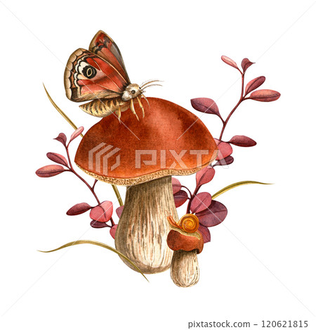 Butterfly, bolete mushroom and snail composition. Isolated watercolor hand painted botanical elegant vintage illustration. Autumn seasonal floral set with fungus. Cards, prints, patterns, Fall events 120621815