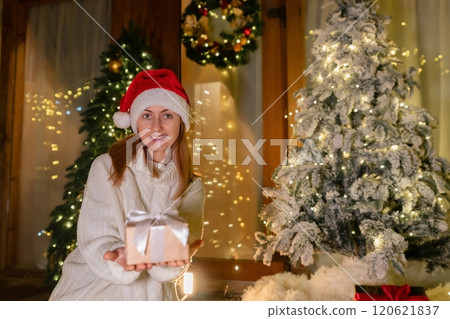Christmas Woman Gift - Woman wearing Santa hat and holding a gift box in front of a Christmas tree. 120621837