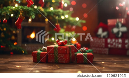 Christmas scene with decorated tree branch, presents gift boxes. Red and green colors 120621915