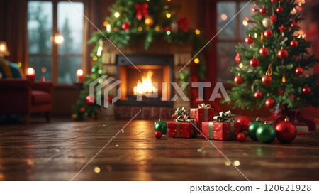 Christmas scene with decorated tree branch, presents gift boxes. Red and green colors 120621928