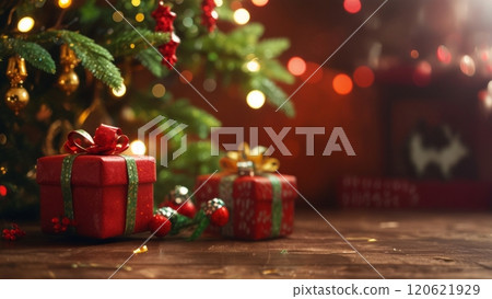 Christmas scene with decorated tree branch, presents gift boxes. Red and green colors 120621929