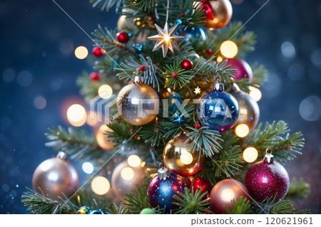 Christmas tree blue decorated with ornaments, star, pine cone 120621961