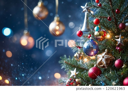 Christmas tree blue decorated with ornaments, star, pine cone Christmas tree blue decorated with ornaments, star, pine cone 120621963