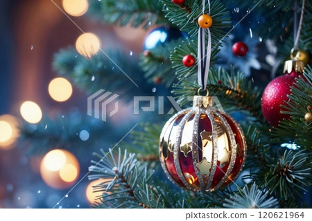 Christmas tree blue decorated with ornaments, star, pine cone 120621964