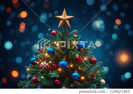Christmas tree blue decorated with ornaments, star, pine cone Christmas tree blue decorated with ornaments, star, pine cone 120621965