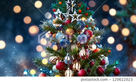 Christmas tree blue decorated with ornaments, star, pine cone 120622023
