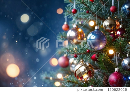 Christmas tree blue decorated with ornaments, star, pine cone Christmas tree blue decorated with ornaments, star, pine cone 120622026