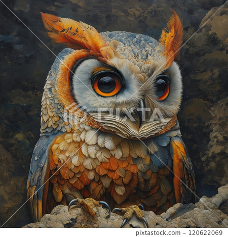 Vividly Textured Owl with Orange Accents 120622069