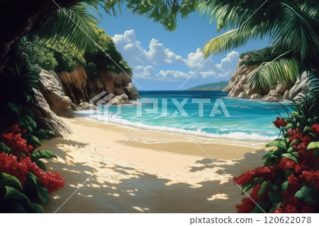 Tropical Beach with Lush Foliage and Clear Waters 120622078