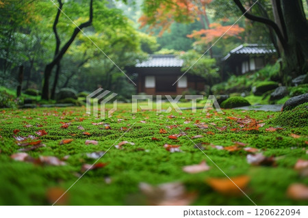 Tranquil Japanese Garden with Moss and Autumn Leaves 120622094