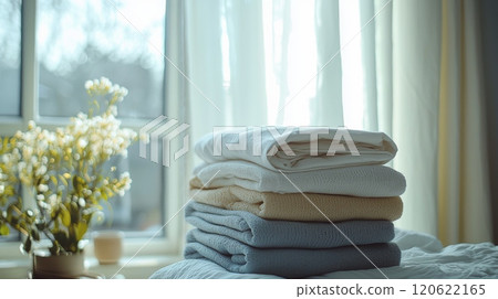 Folded Linens on Bed by Sunny Window 120622165