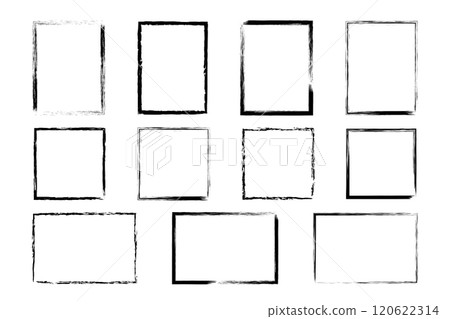 Set of rectangular and square grunge frames. Vector illustration of textured linear shapes drawn with rough brushes Set of rectangular and square grunge frames. Vector illustration of textured linear shapes drawn with rough brushes 120622314