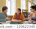 Group of students discussing topics around table filled with books and notebooks in well-lit library creating engaging learning atmosphere 120622340