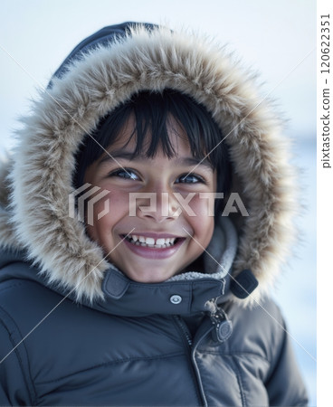 Child smiling warmly while wearing a furry hood and standing outdoors in cold weather, showing dark hair and a cheerful expression 120622351