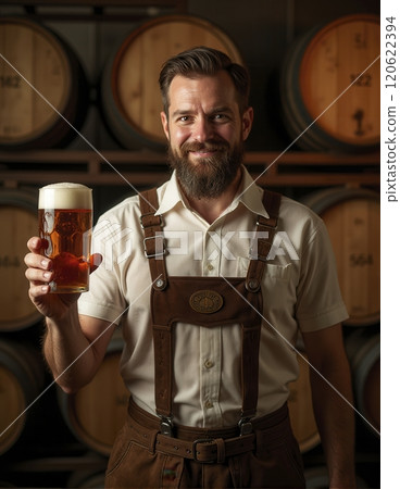 Smiling brewer holding pint of beer with barrels in background. Wearing brown suspenders and white shirt while standing in brewery. 120622394