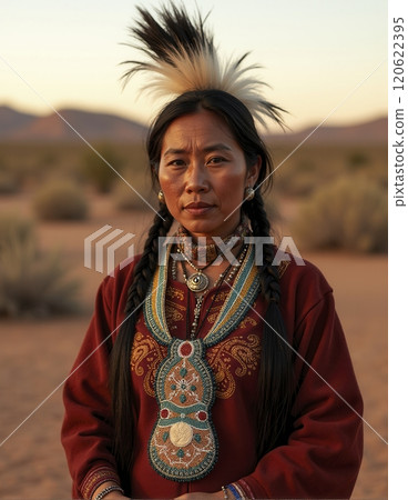 Woman standing in desert while wearing traditional attire and headwear with mountains in background during sunset. Braided hair, intricate beads, and serene expression are prominent points 120622395
