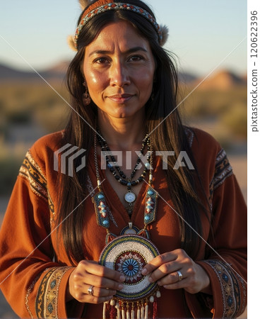 Portrait of woman displaying intricate traditional beadwork and attire, standing outside with distant hills in background, exuding a calm and serene demeanor 120622396