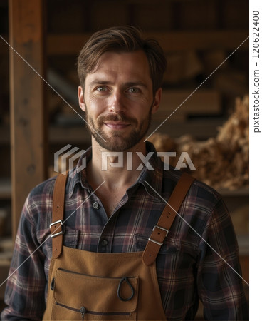 Portrait of smiling bearded man in workshop wearing an apron, standing with tools and wooden materials behind him, showing pride in his craft 120622400