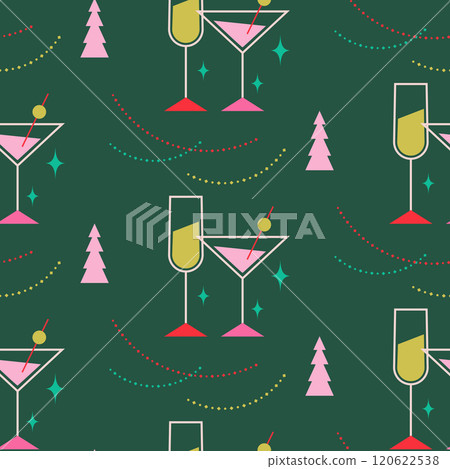 New Year pattern gift wrap design. Christmas champagne glasses and trees garland decor ornaments green and pink background. 120622538