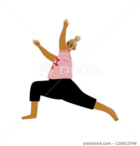 Plump Woman in Warrior I Pose, Curvy Girl Practicing Yoga, Healthy Lifestyle Vector Illustration Plump Woman in Warrior I Pose, Curvy Girl Practicing Yoga, Healthy Lifestyle Vector Illustration 120622546