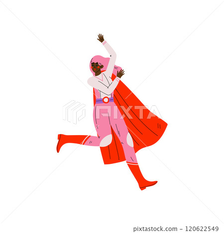 Young Woman in Pink Superhero Costume and Red Cape, Super Girl Character Vector Illustration 120622549