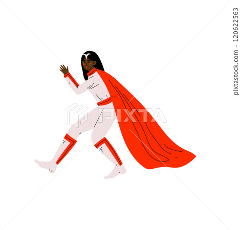 Young African American Woman in Superhero Costume and Red Cape, Super Girl Character Vector Illustration 120622563