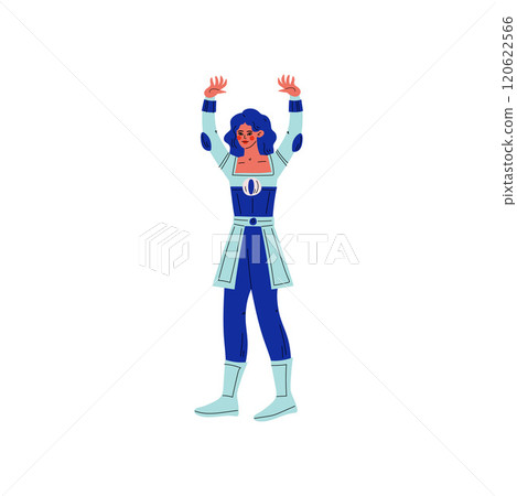 Young Woman in Blue Superhero Costume, Super Girl Character Standing with Arms Raised Vector Illustration Young Woman in Blue Superhero Costume, Super Girl Character Standing with Arms Raised Vector Illustration 120622566