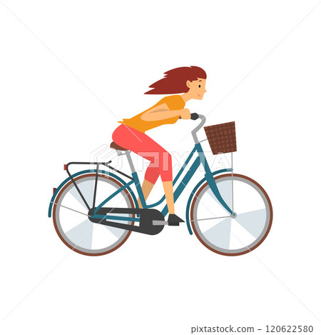 Young Woman Riding Bike Fast, Female Cyclist Character on Bicycle Vector Illustration 120622580
